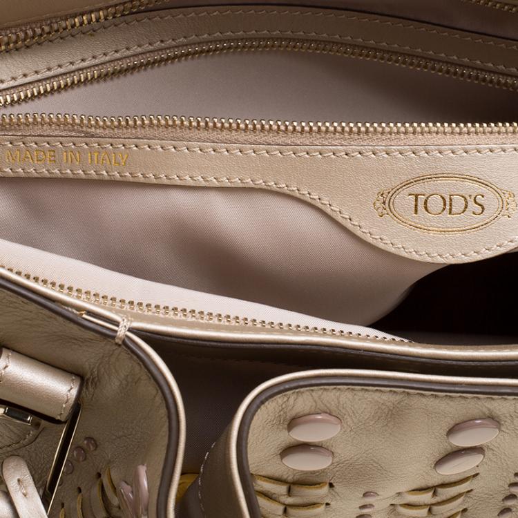 Pre Owned Tod's Metallic Beige Leather Small Studded Flower Tote