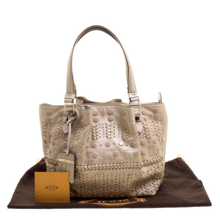 Pre Owned Tod's Metallic Beige Leather Small Studded Flower Tote