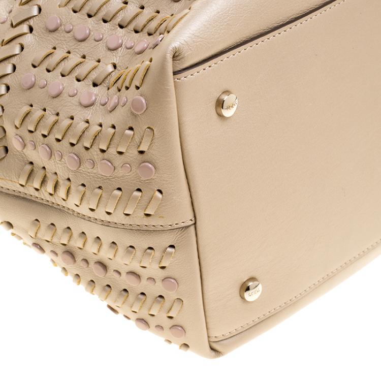 Pre Owned Tod's Metallic Beige Leather Small Studded Flower Tote