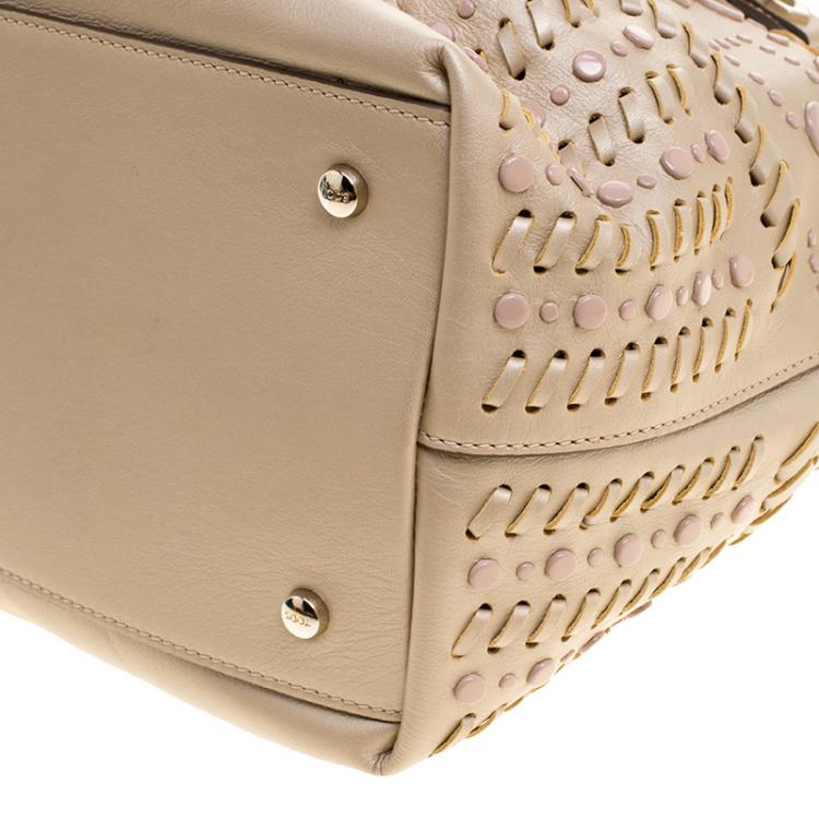 Pre Owned Tod's Metallic Beige Leather Small Studded Flower Tote
