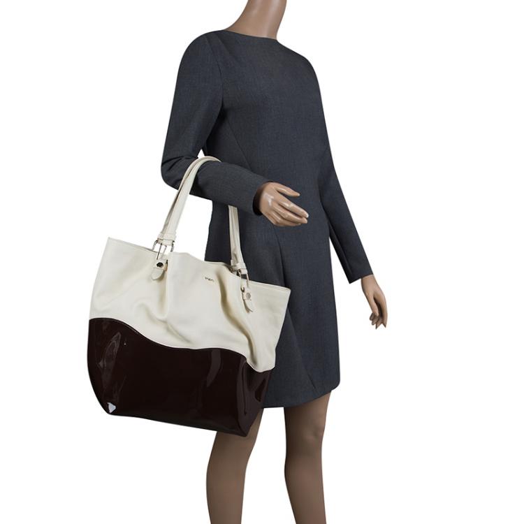 Pre Owned Tod's White/Burgundy Leather and Patent Leather Medium Flower Tote