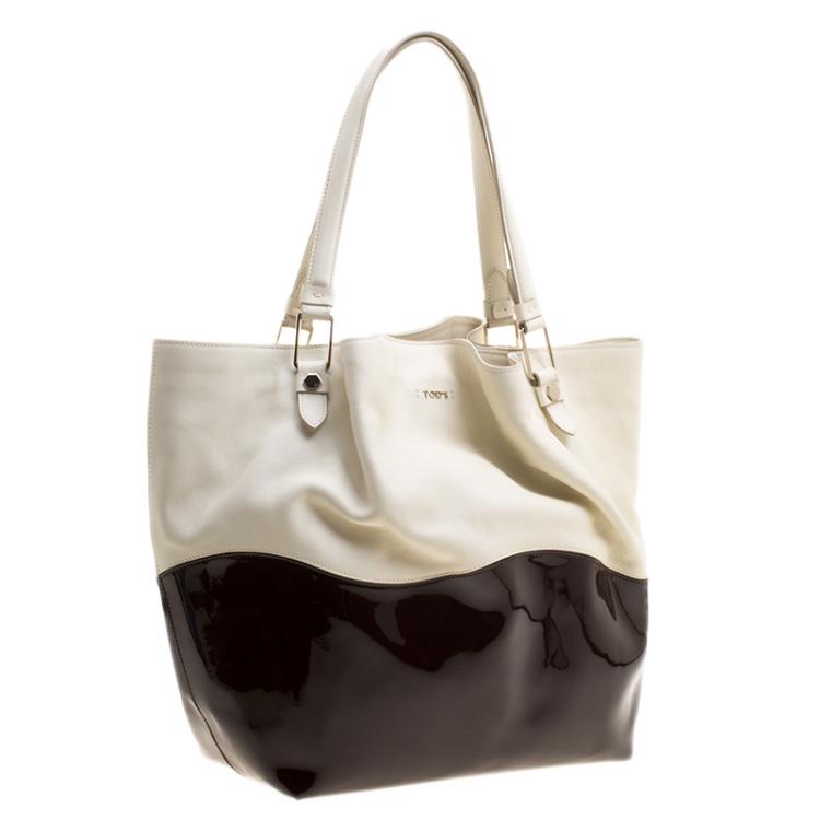 Pre Owned Tod's White/Burgundy Leather and Patent Leather Medium Flower Tote