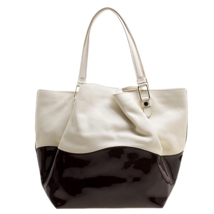 Pre Owned Tod's White/Burgundy Leather and Patent Leather Medium Flower Tote
