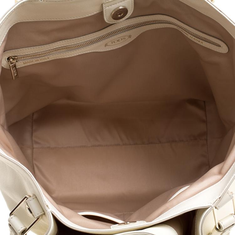 Pre Owned Tod's White/Burgundy Leather and Patent Leather Medium Flower Tote