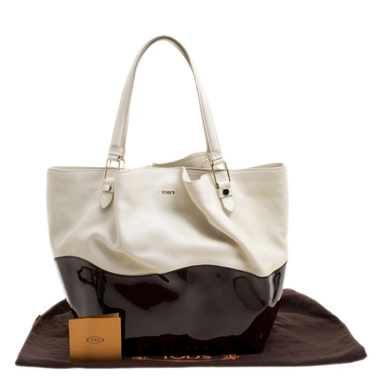 Pre Owned Tod's White/Burgundy Leather and Patent Leather Medium Flower Tote