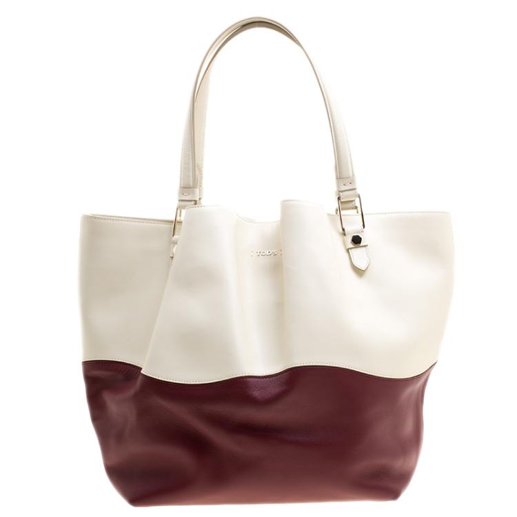 Pre Owned Tod's White/Burgundy Leather Medium Flower Tote