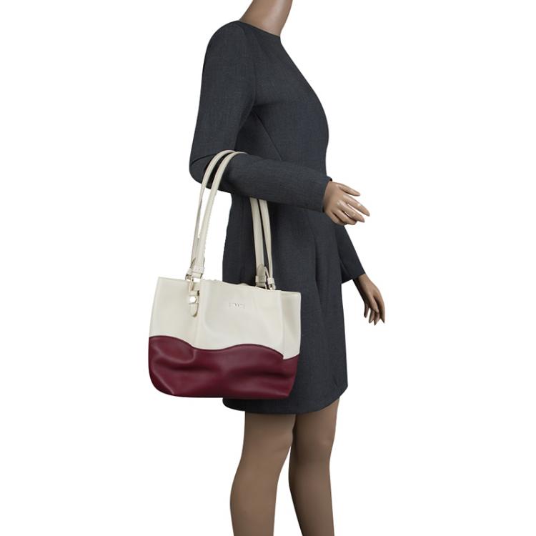Pre Owned Tod's White/Burgundy Leather Medium Flower Tote