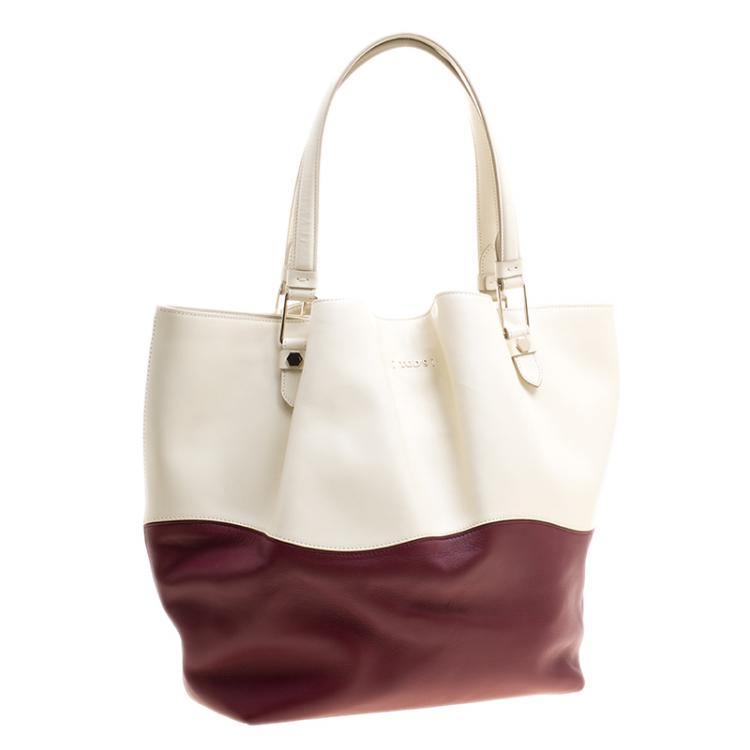 Pre Owned Tod's White/Burgundy Leather Medium Flower Tote