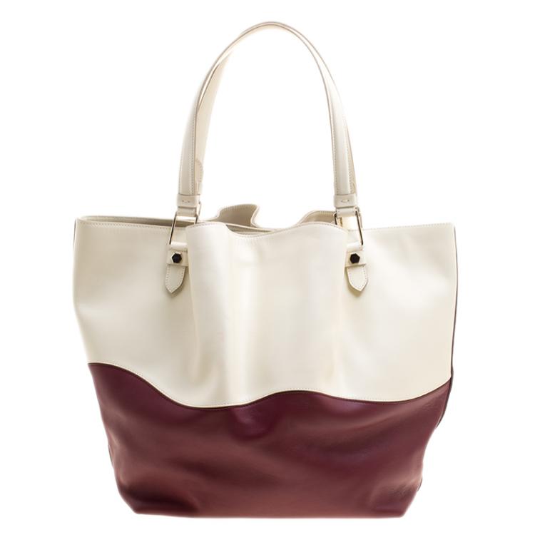 Pre Owned Tod's White/Burgundy Leather Medium Flower Tote