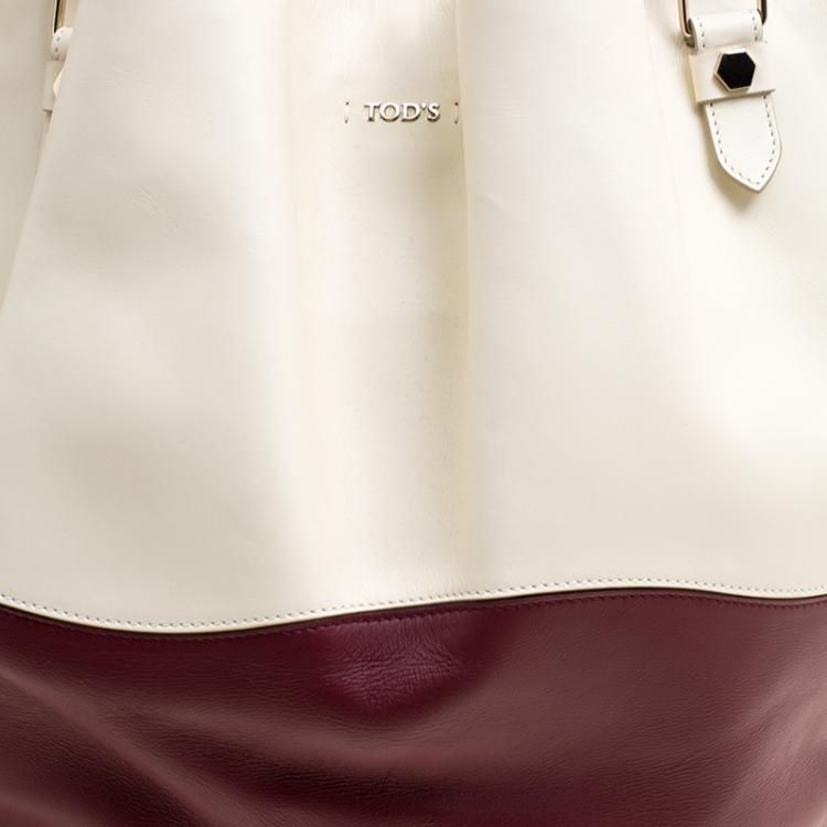 Pre Owned Tod's White/Burgundy Leather Medium Flower Tote