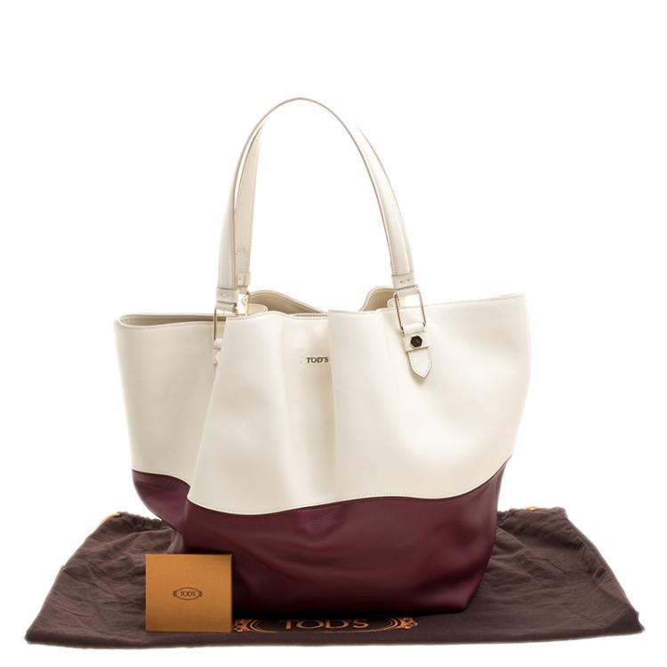 Pre Owned Tod's White/Burgundy Leather Medium Flower Tote