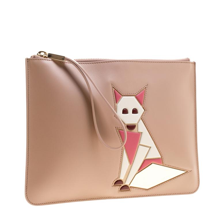 Pre Owned Tod's Beige Leather Fox Wristlet Clutch