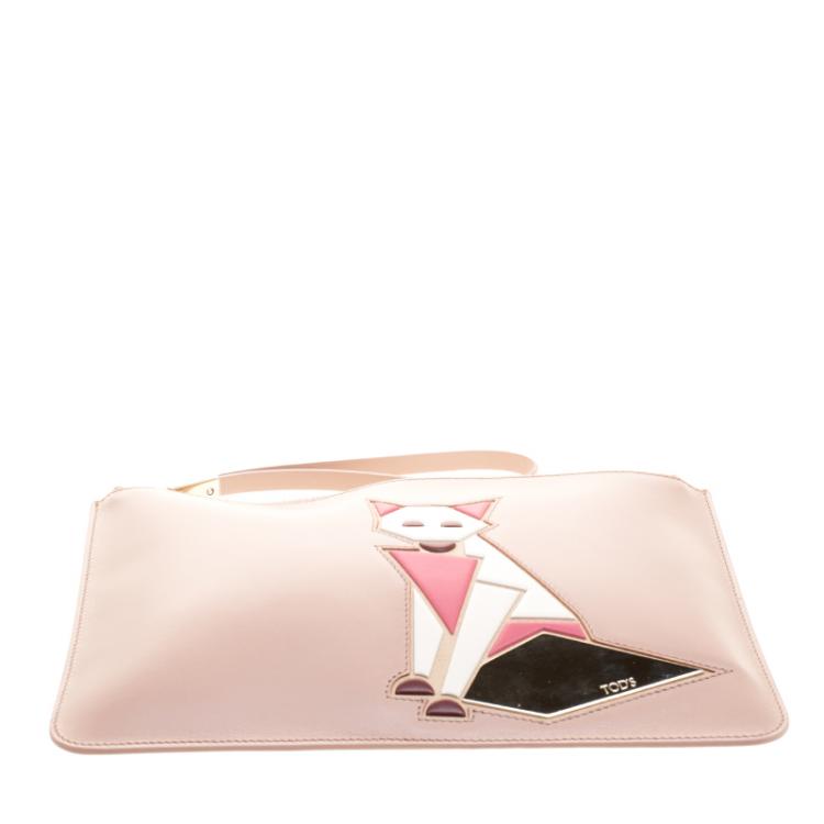 Pre Owned Tod's Beige Leather Fox Wristlet Clutch