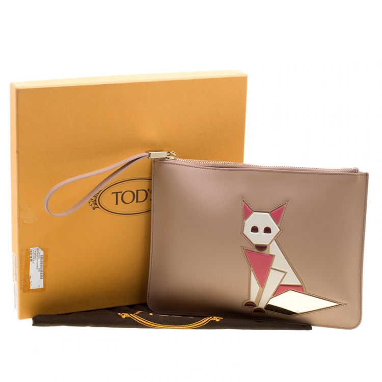 Pre Owned Tod's Beige Leather Fox Wristlet Clutch