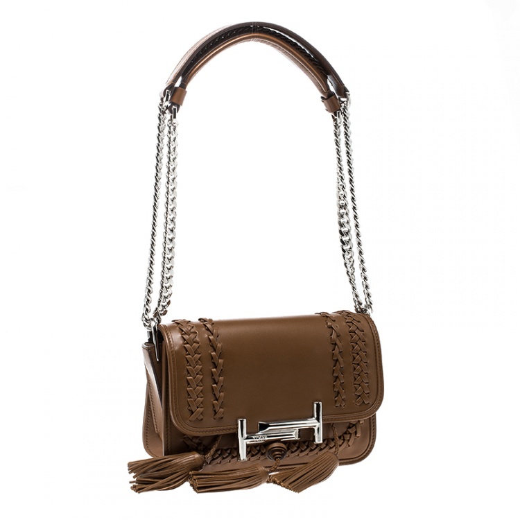 Pre Owned Tod's Cognac Leather Mini Double T Tassel Crossbody Bag