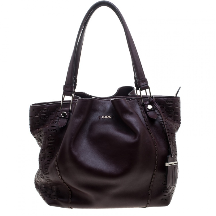 Pre Owned Tod's Burgundy Laser Cut Leather Medium Flower Tote