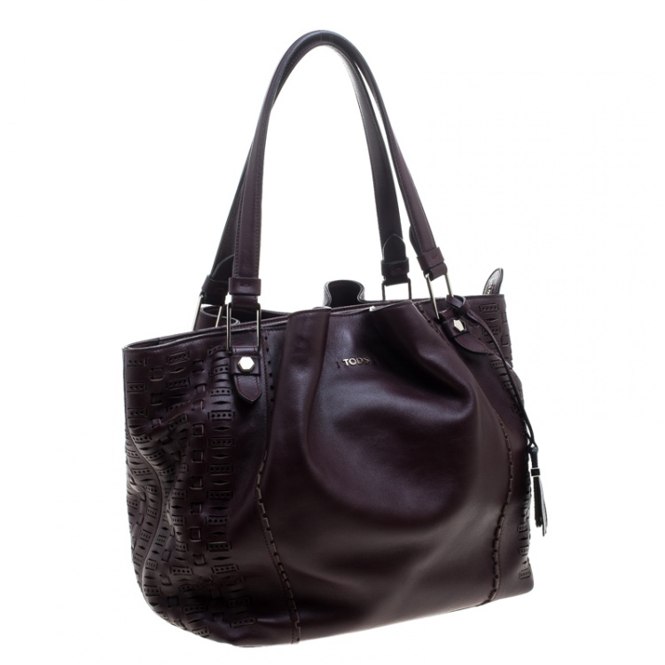 Pre Owned Tod's Burgundy Laser Cut Leather Medium Flower Tote