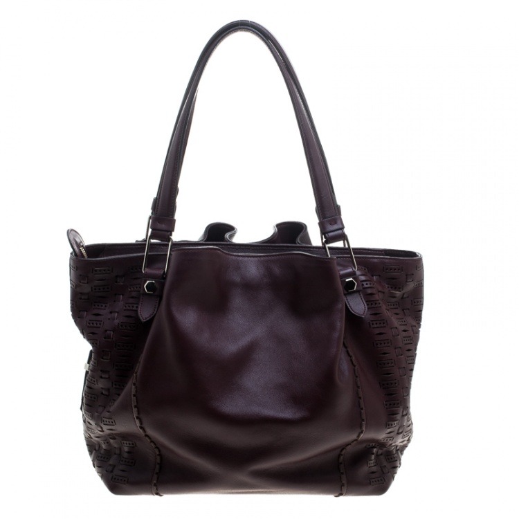 Pre Owned Tod's Burgundy Laser Cut Leather Medium Flower Tote