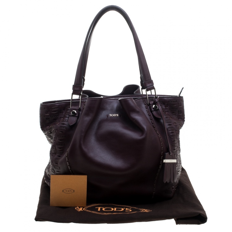 Pre Owned Tod's Burgundy Laser Cut Leather Medium Flower Tote