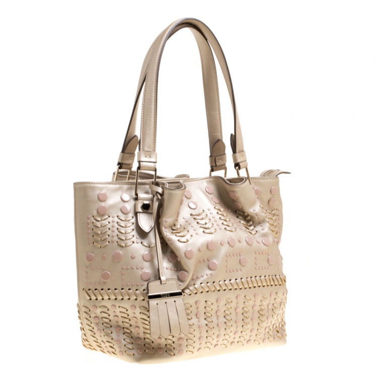 Pre Owned Tod's Metallic Beige Leather Small Studded Flower Tote