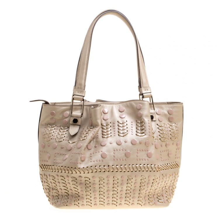Pre Owned Tod's Metallic Beige Leather Small Studded Flower Tote