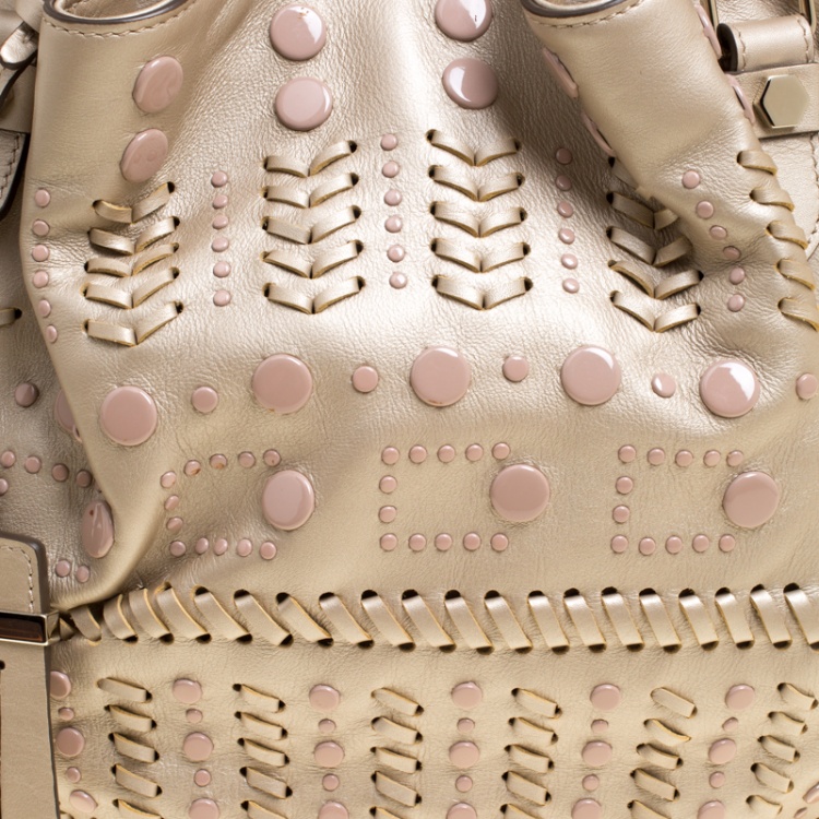 Pre Owned Tod's Metallic Beige Leather Small Studded Flower Tote