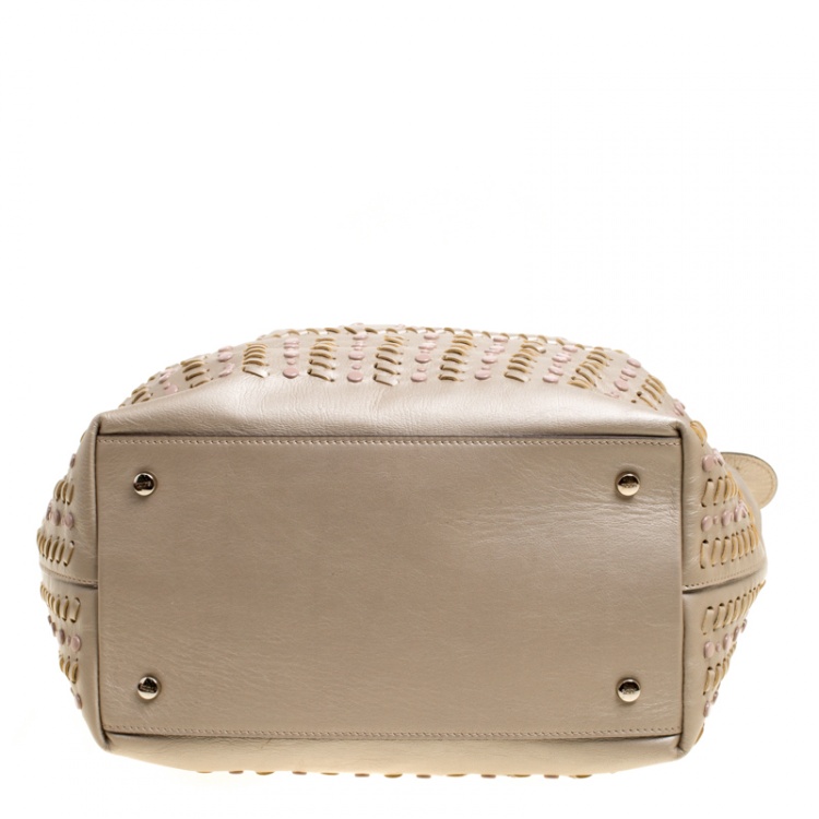 Pre Owned Tod's Metallic Beige Leather Small Studded Flower Tote