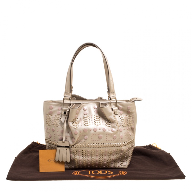 Pre Owned Tod's Metallic Beige Leather Small Studded Flower Tote