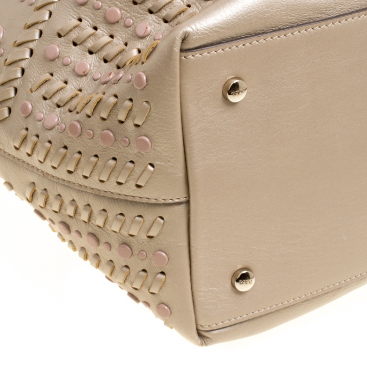 Pre Owned Tod's Metallic Beige Leather Small Studded Flower Tote
