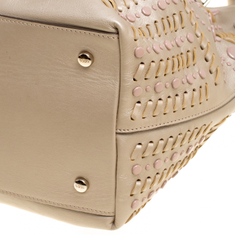 Pre Owned Tod's Metallic Beige Leather Small Studded Flower Tote