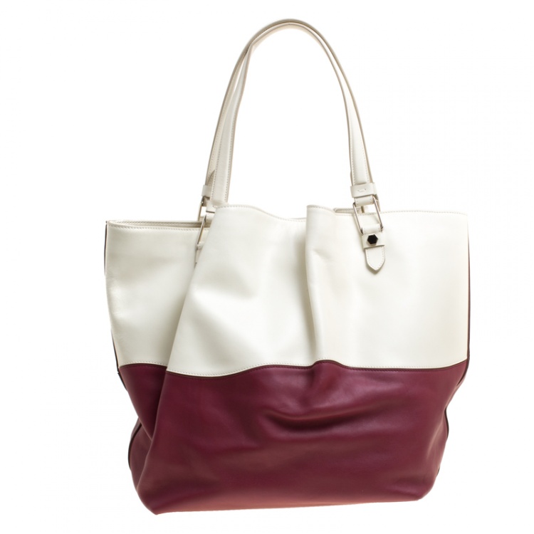 Pre Owned Tod's White/Burgundy Leather Medium Flower Tote