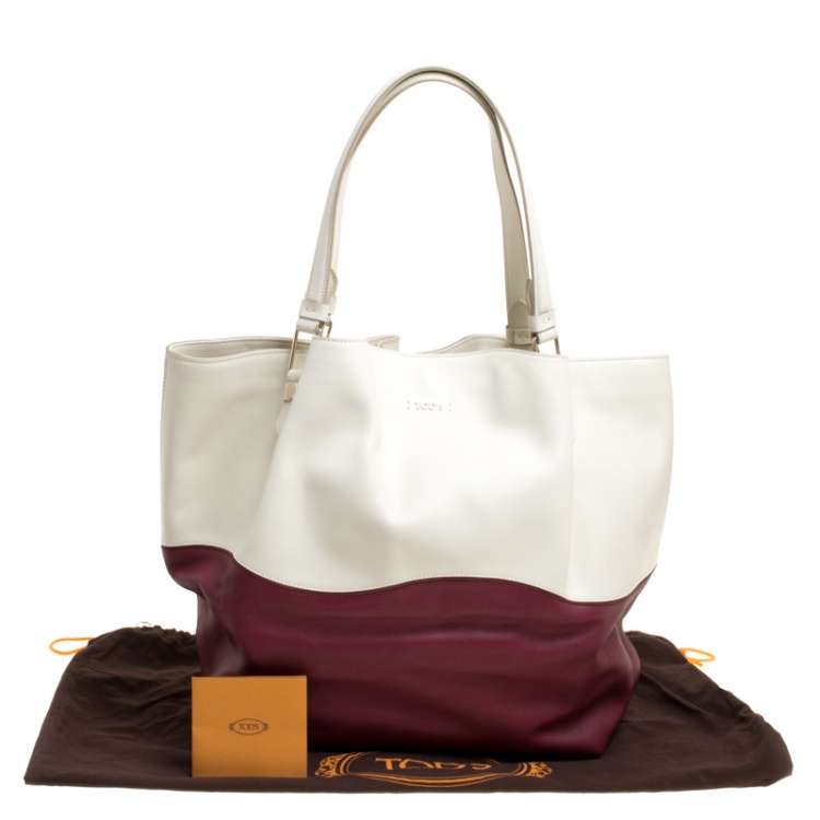 Pre Owned Tod's White/Burgundy Leather Medium Flower Tote