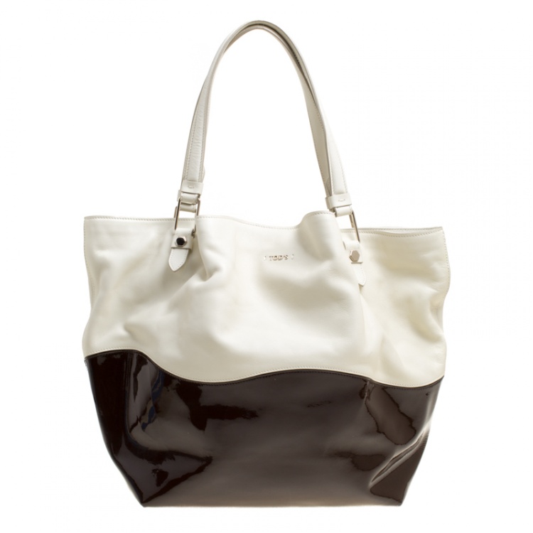 Pre Owned Tod's White/Burgundy Leather and Patent Leather Medium Flower Tote
