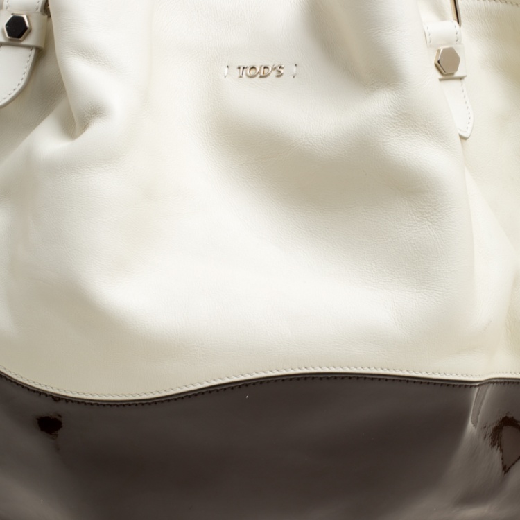 Pre Owned Tod's White/Burgundy Leather and Patent Leather Medium Flower Tote