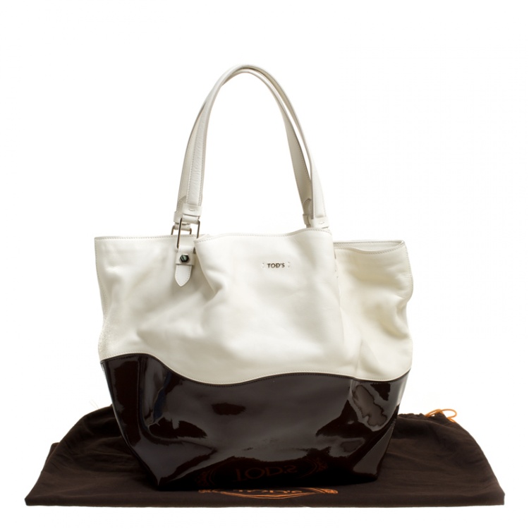 Pre Owned Tod's White/Burgundy Leather and Patent Leather Medium Flower Tote