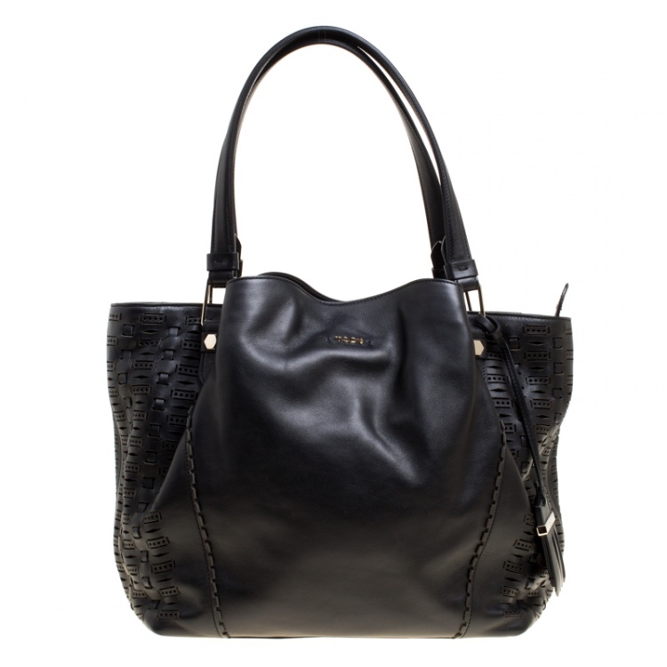 Pre Owned Tod's Black Laser Cut Leather Medium Flower Tote