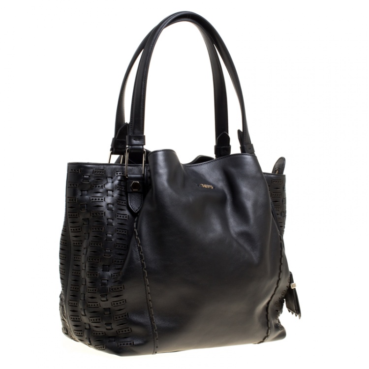 Pre Owned Tod's Black Laser Cut Leather Medium Flower Tote