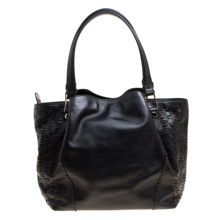 Pre Owned Tod's Black Laser Cut Leather Medium Flower Tote