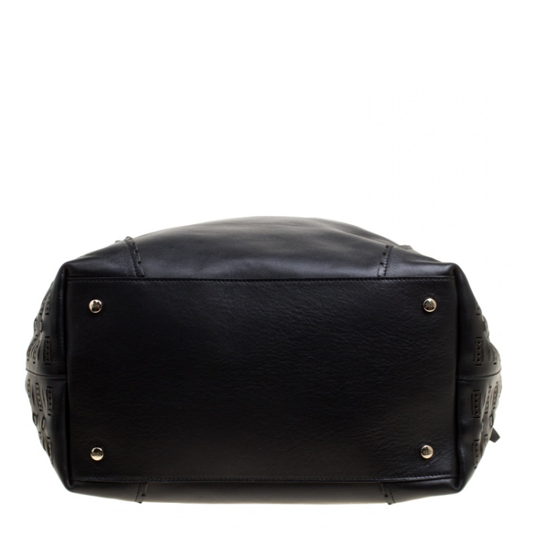 Pre Owned Tod's Black Laser Cut Leather Medium Flower Tote