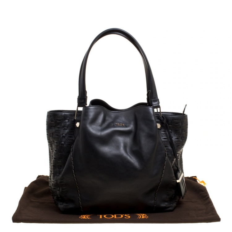 Pre Owned Tod's Black Laser Cut Leather Medium Flower Tote