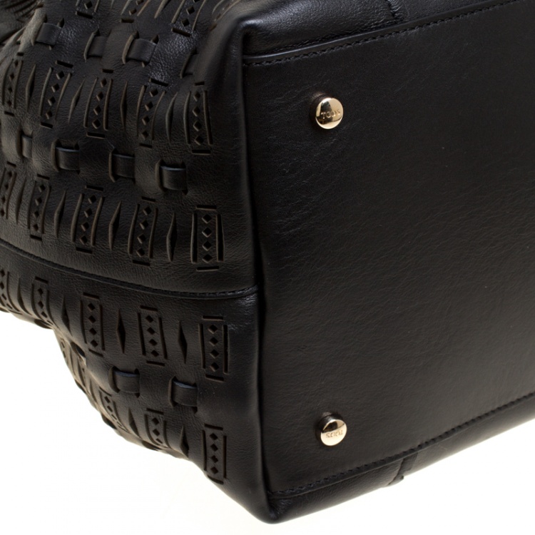 Pre Owned Tod's Black Laser Cut Leather Medium Flower Tote