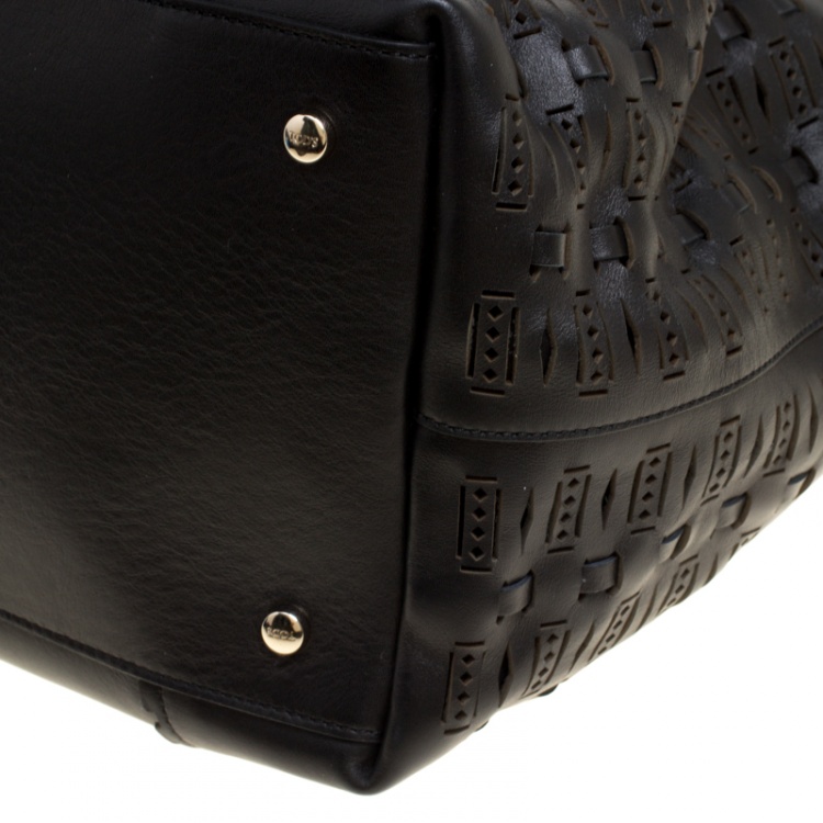 Pre Owned Tod's Black Laser Cut Leather Medium Flower Tote