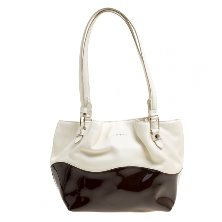 Pre Owned Tod's White/Burgundy Leather and Patent Leather Small Flower Shopper Tote