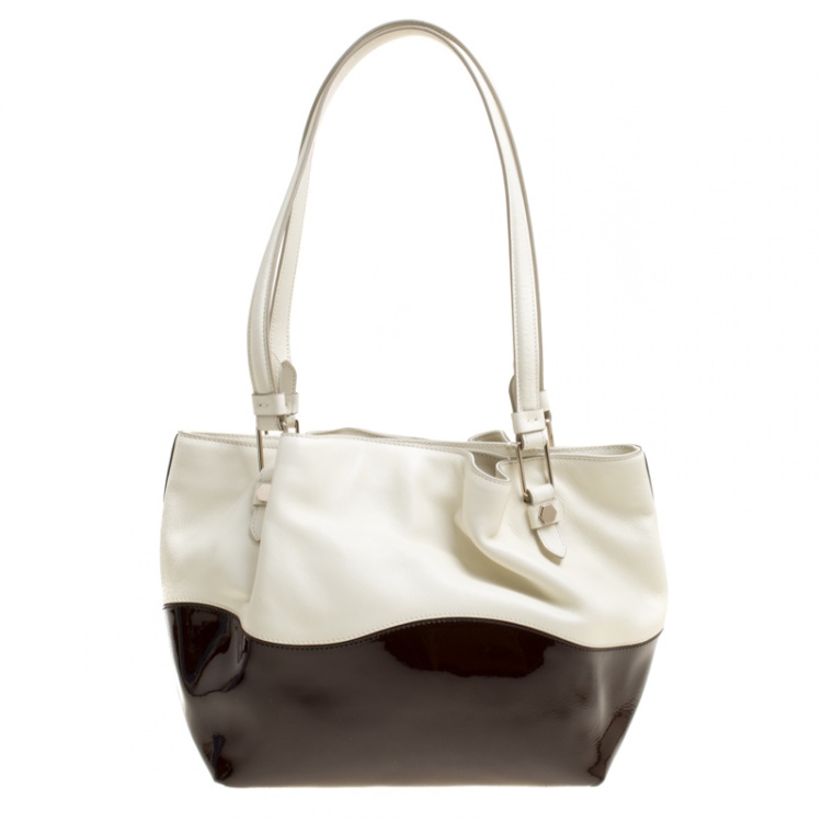 Pre Owned Tod's White/Burgundy Leather and Patent Leather Small Flower Shopper Tote