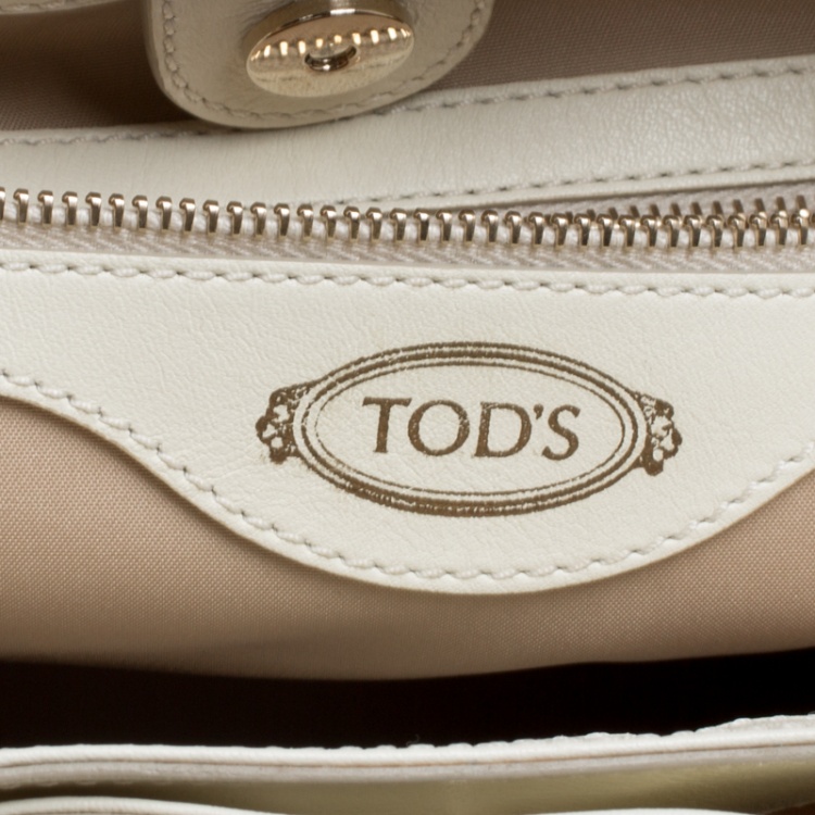 Pre Owned Tod's White/Burgundy Leather and Patent Leather Small Flower Shopper Tote