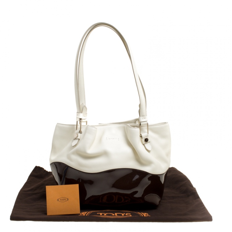 Pre Owned Tod's White/Burgundy Leather and Patent Leather Small Flower Shopper Tote