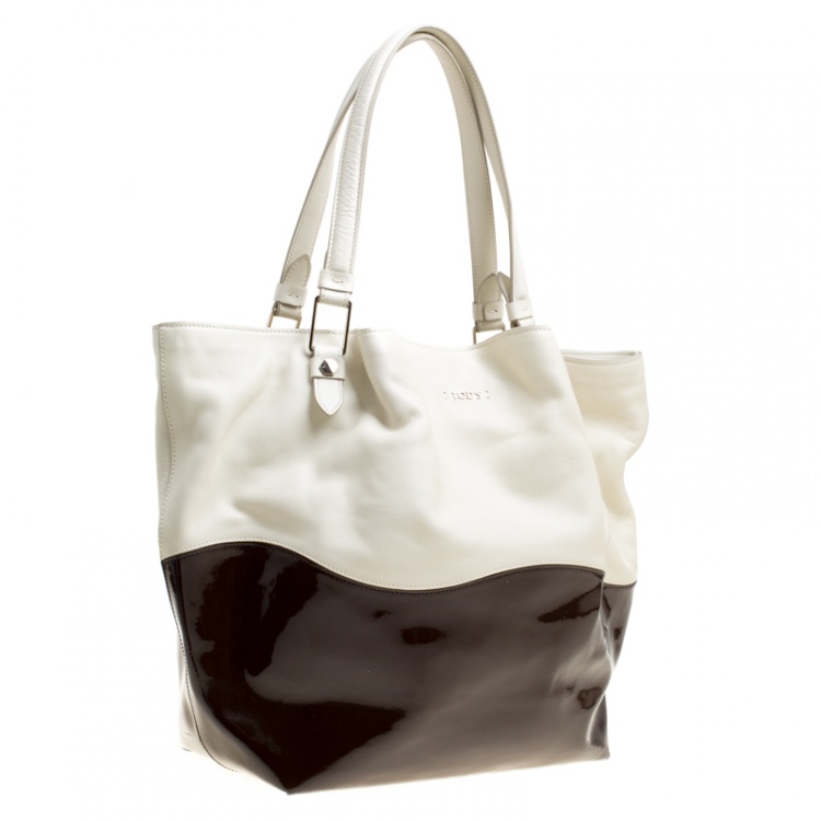 Pre Owned Tod's White/Brown Leather and Patent Leather Medium Flower Tote