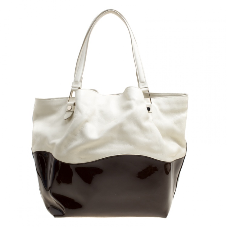 Pre Owned Tod's White/Brown Leather and Patent Leather Medium Flower Tote