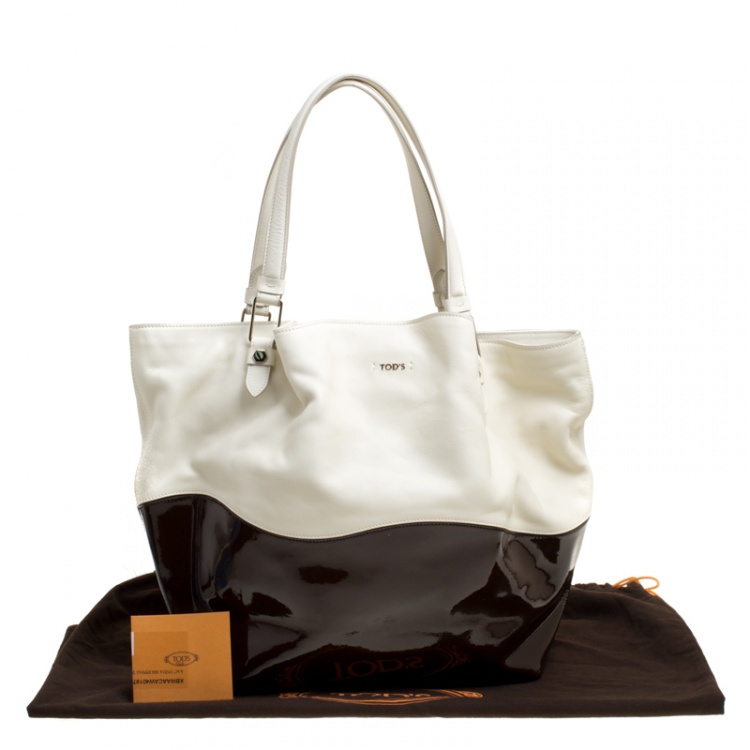 Pre Owned Tod's White/Brown Leather and Patent Leather Medium Flower Tote