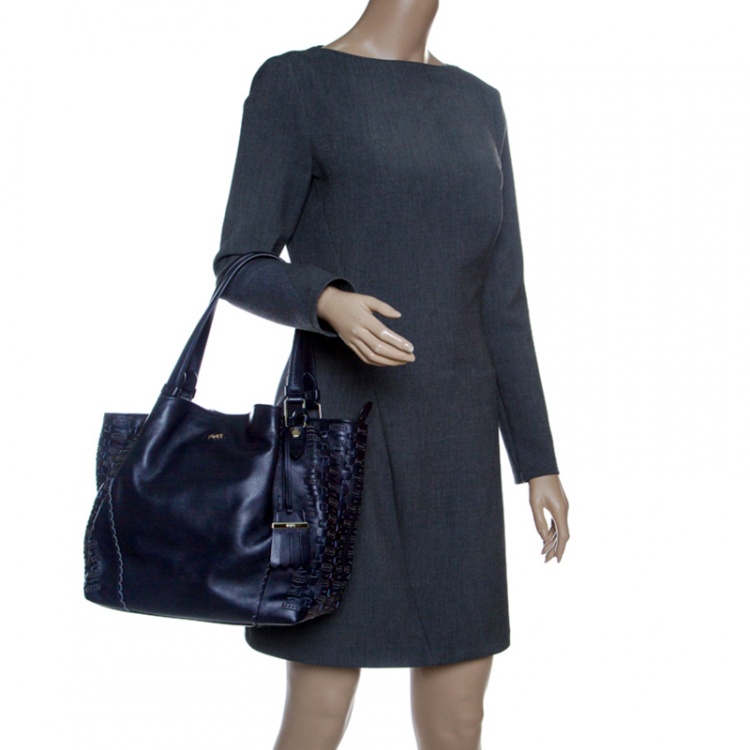 Pre Owned Tod's Black Laser Cut Leather Medium Flower Tote